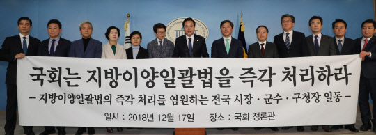 민주당 소속 전국 기초자치단체장협의회가 17일 국회 정론관에서 국회의 지방이양일괄법 즉각 처리를 주장하는 기자회견을 하고 있다. 연합뉴스